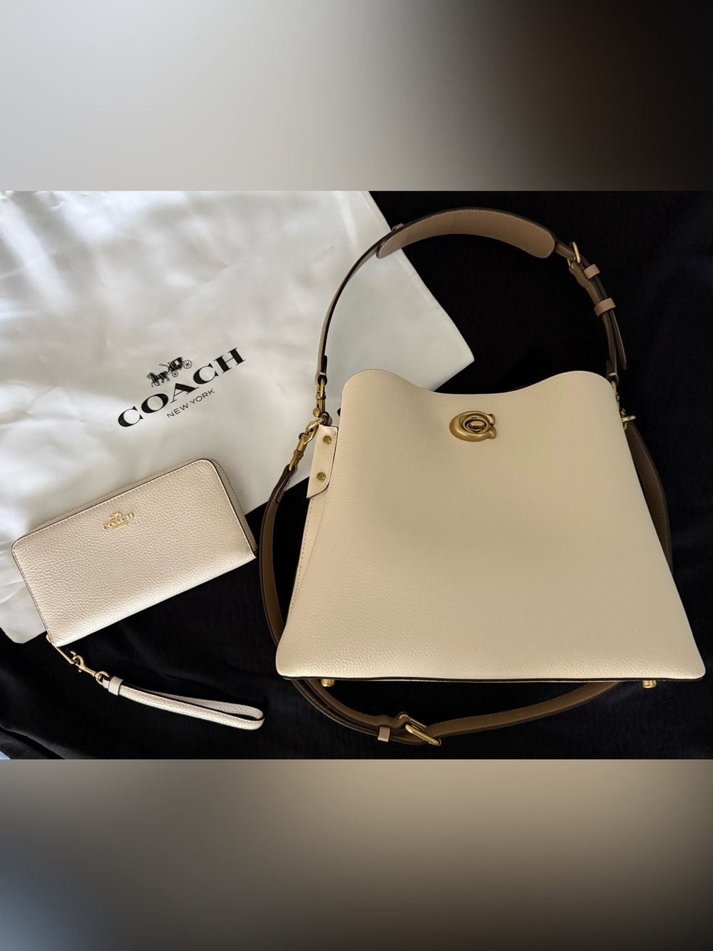 Coach Cream Pebbled Leather Shoulder Bag with Tan Strap and matching Wallet
